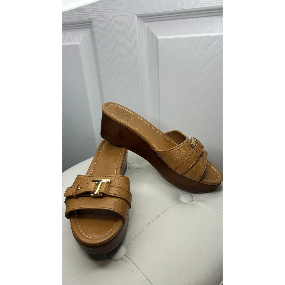 Tory Burch Cognac Leather Wood Platform Wedge Sandals Gold Buckle Mules 7.5